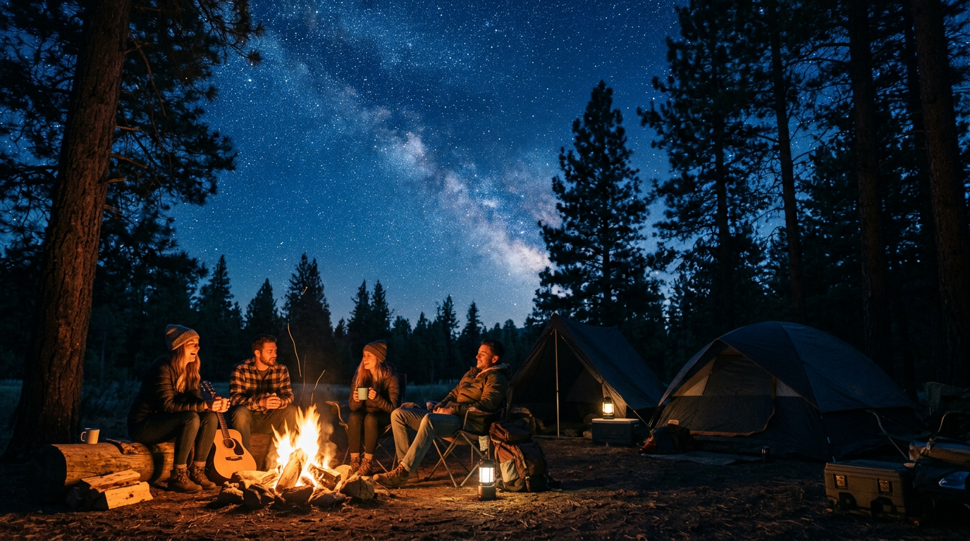 Campfire under a starry night sky
