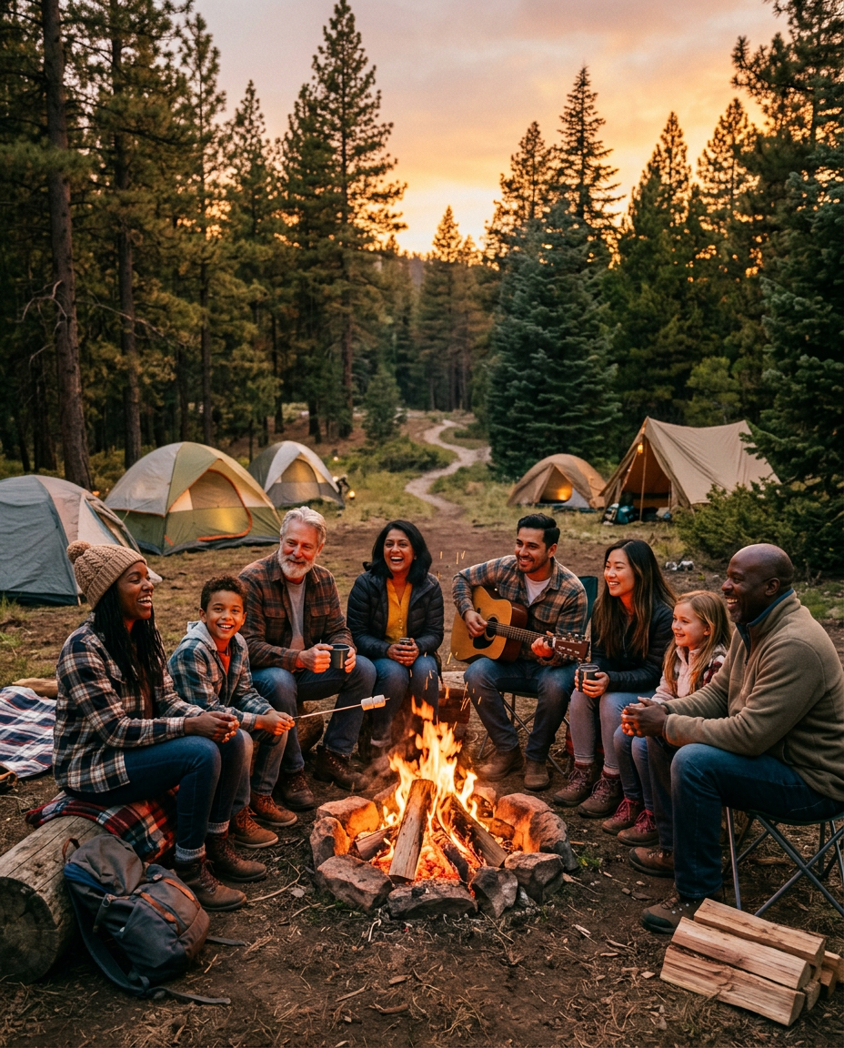 Group of friendly campers around a warm campfire at dusk